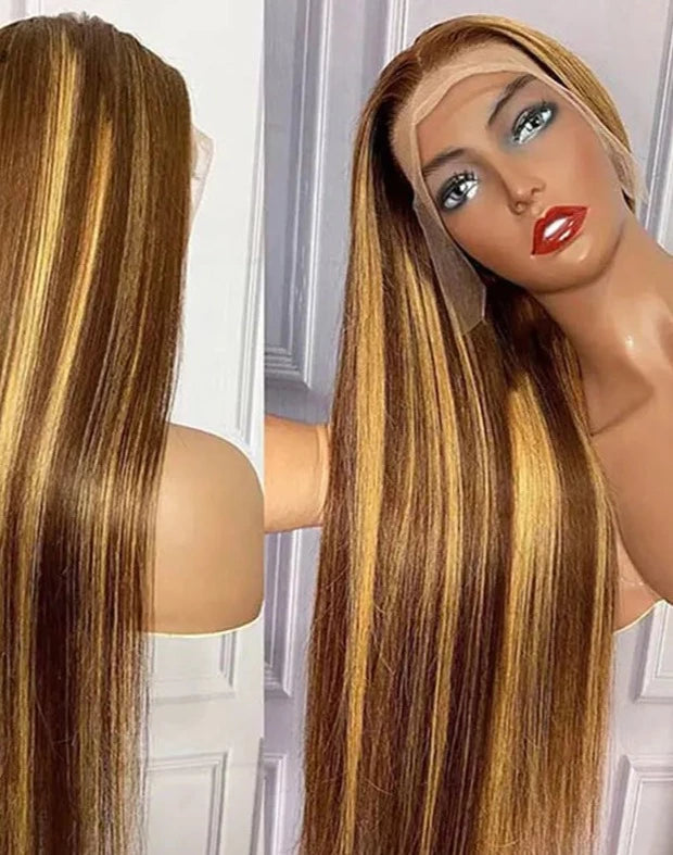 Honey Blonde Highlight Brown Straight Lace Front Wig.  Lace Closure Wig. Pre-Plucked.