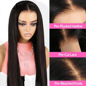 Wear Go Glueless Malayaisn Straight 6x4 HD Lace Wig. Pre-plucked Pre-Cut Pre Bleached Knots.