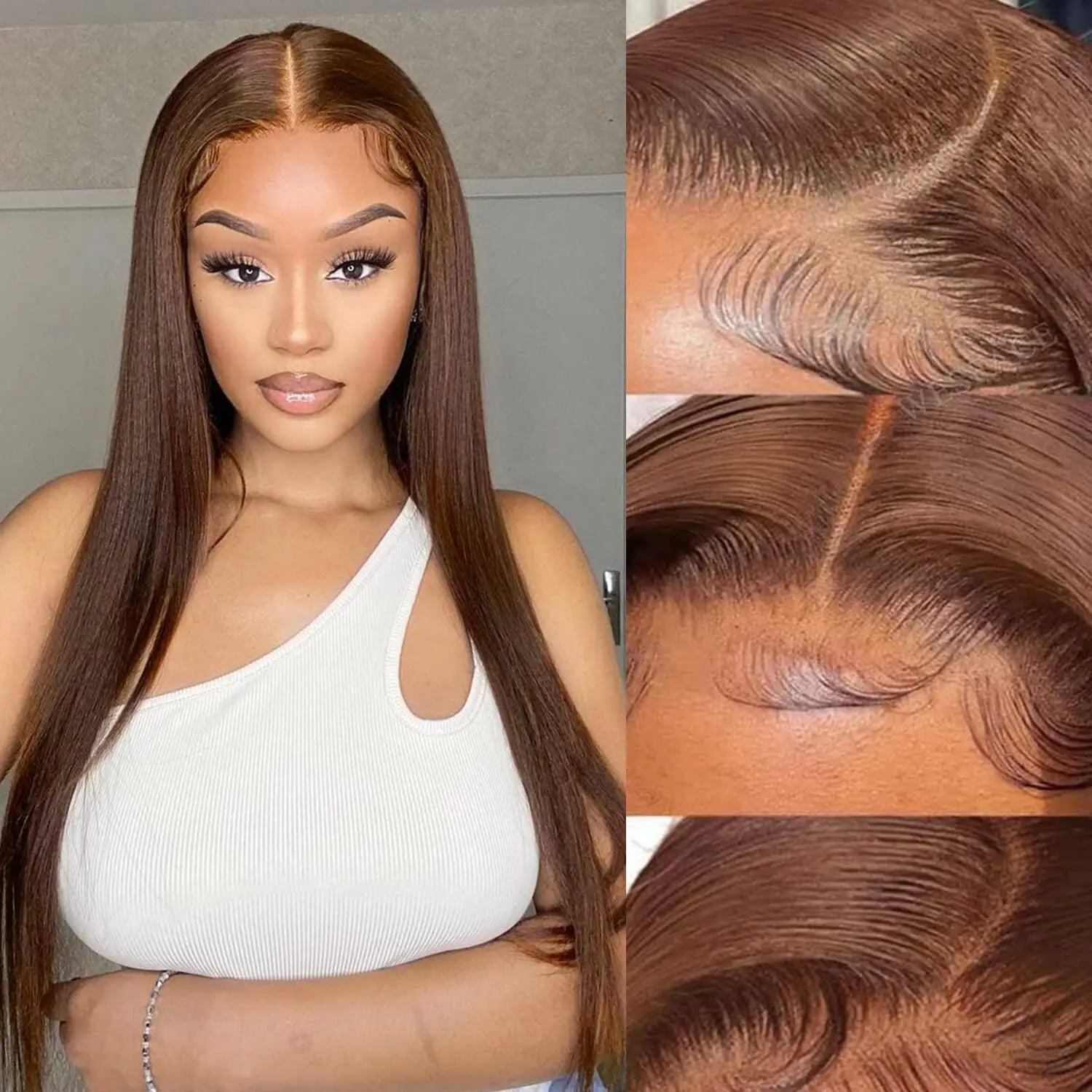 Glueless Lace Front Colored Wig #4 Chocolate Brown Human Hair Wigs Pre Cut  4X4 Lace Closure Straight Wigs Wear Go