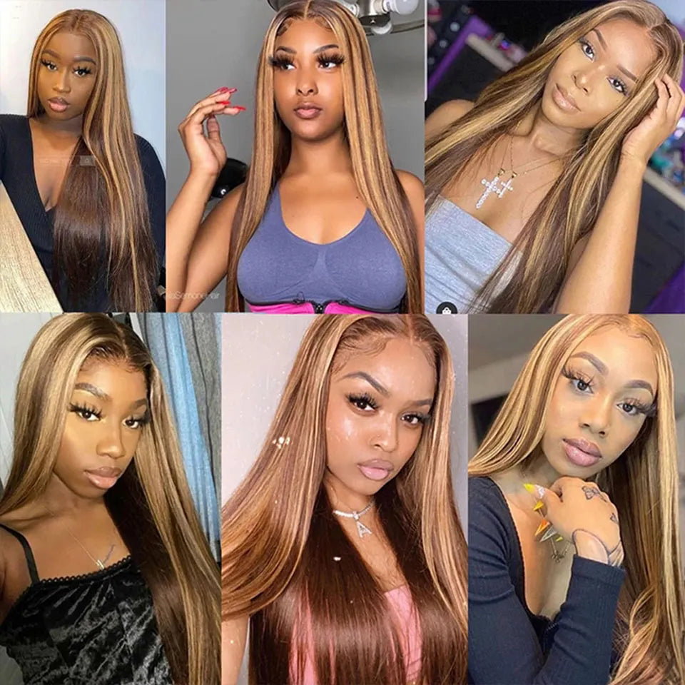 Honey Blonde Highlight Brown Straight Lace Front Wig.  Lace Closure Wig. Pre-Plucked.