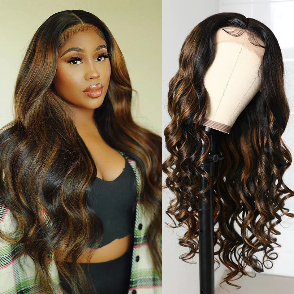 13x4 Lace Frontal Wig. Human Hair. Highlight Color Lace Frontal Wig. PrePluck Brown Body Wave Wig. Invisible HD Lace Wig.