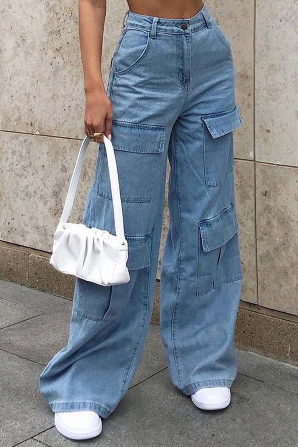 Wide Leg Knee Pocket Jeans Pants