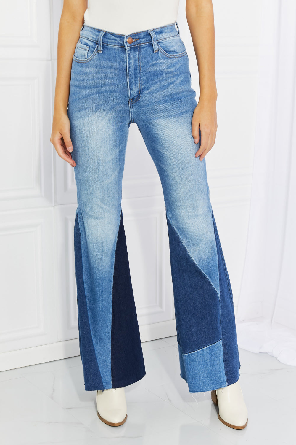 Full Size Color Block Flare Jeans Pants