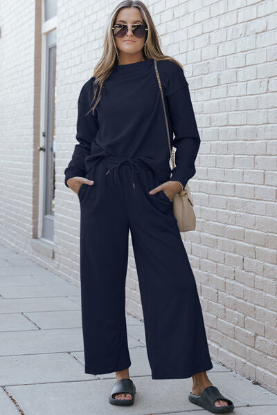 Textured Long Sleeve Top and Drawstring Pants Set