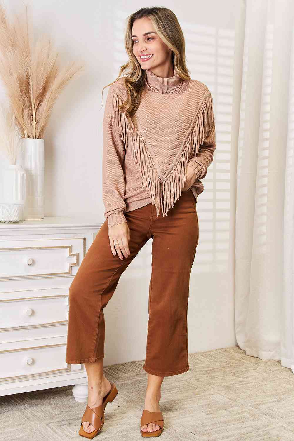 Turtleneck Fringe Front Long Sleeve Sweater