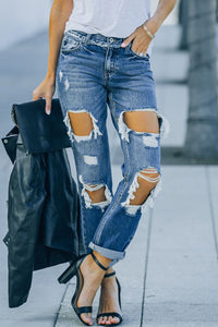 Distressed Frayed Trim Straight Leg Jeans Pants